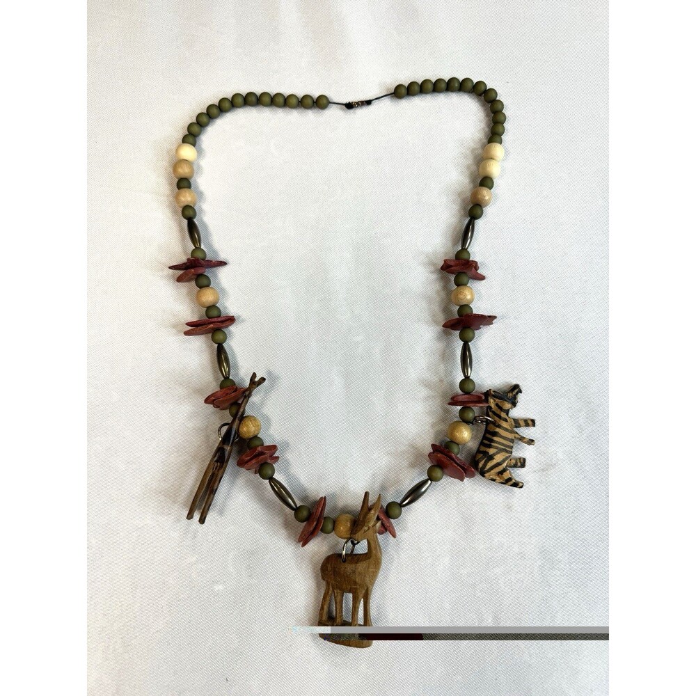 Vintage Carved Wooden African animal necklace with beads 27 inch